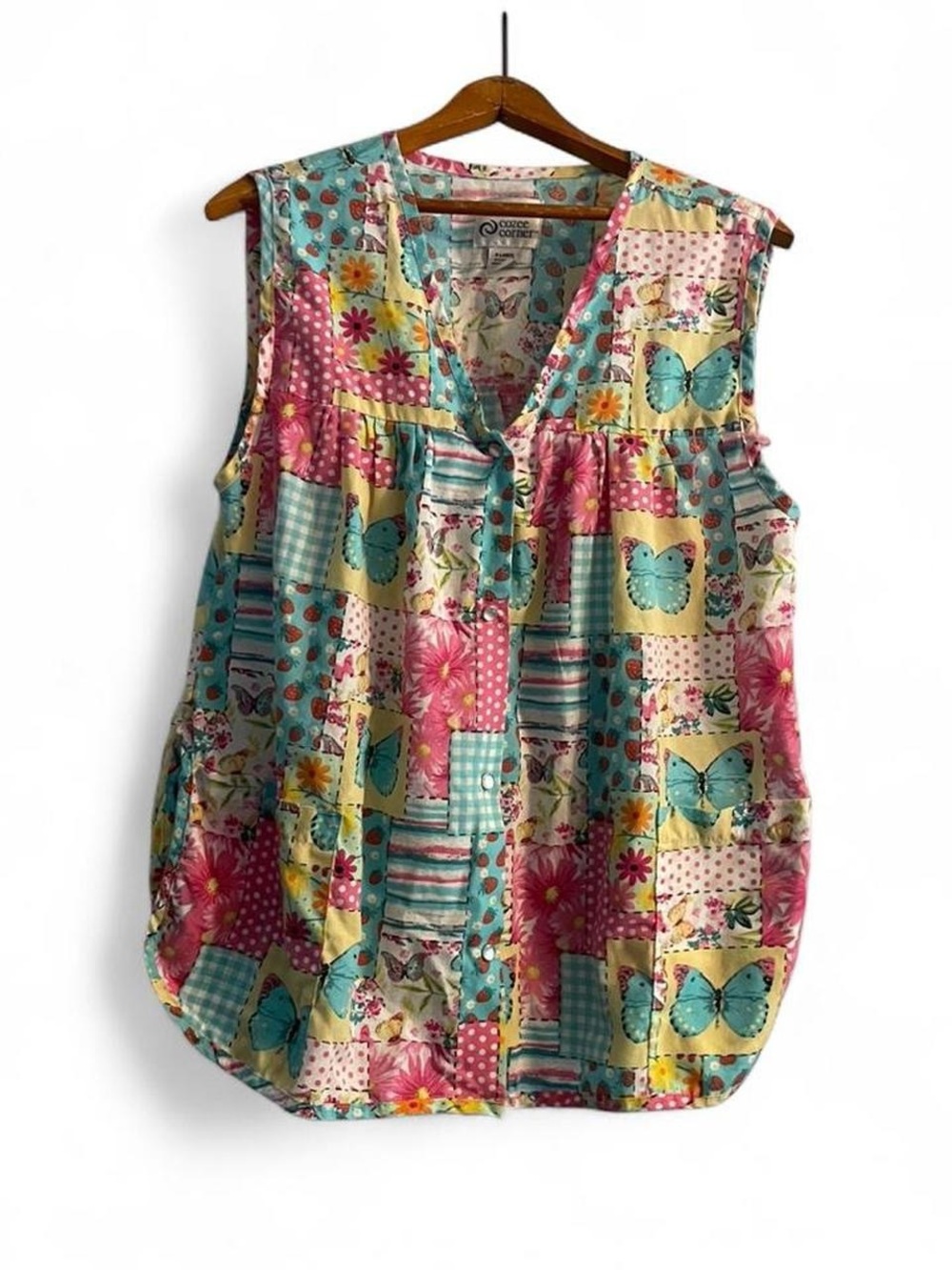 Cozee Corner Women's XL Vintage 90s Cottagecore Pink Teal House Vest Pear Snap